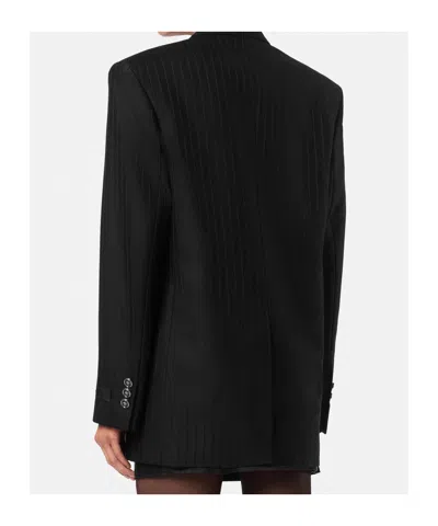 Versace Longline Wool Blazer Featuring Structured Shoulders In Black