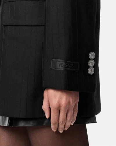 Versace Longline Wool Blazer Featuring Structured Shoulders In Black