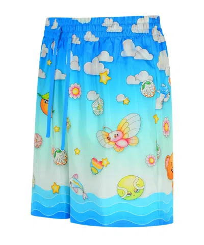 Casablanca Kawaii Silk Bermuda Shorts And Pockets In Blue