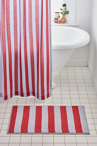 Urban Outfitters Awning Stripe Plush Printed Bath Mat In Blue Clay Combo At  In Red