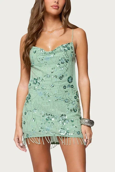 Edikted Embellished Fringed Backless Mini Dress In Green