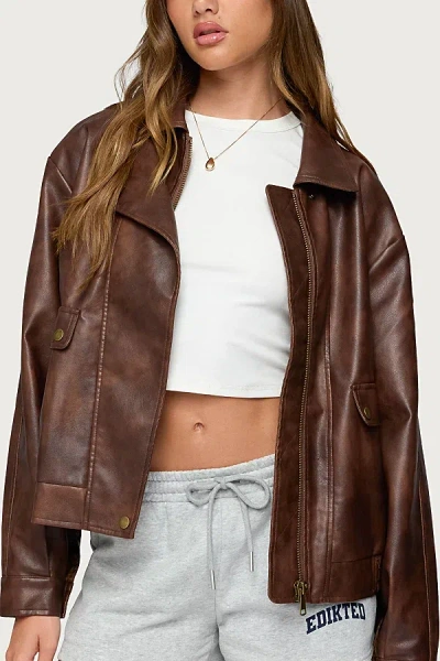 Edikted Ardella Oversized Faux Leather Jacket In Brown