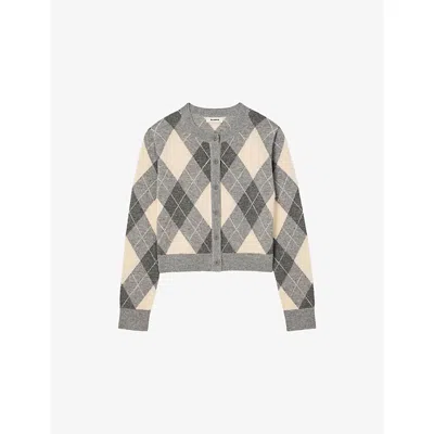 Sandro Womens Grey Argyle Round-neck Wool And Cashmere-blend Cardigan In Gray