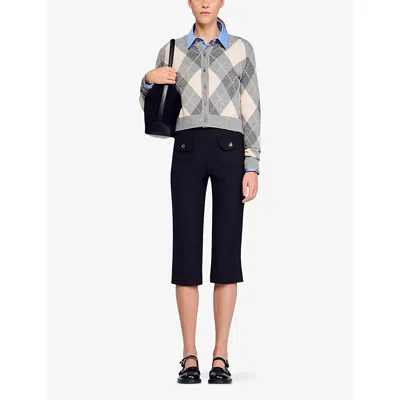 Sandro Womens Grey Argyle Round-neck Wool And Cashmere-blend Cardigan In Gray
