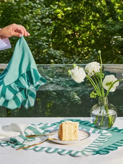 Misette Scalloped Stripe Linen Napkins (set Of Four) In Green