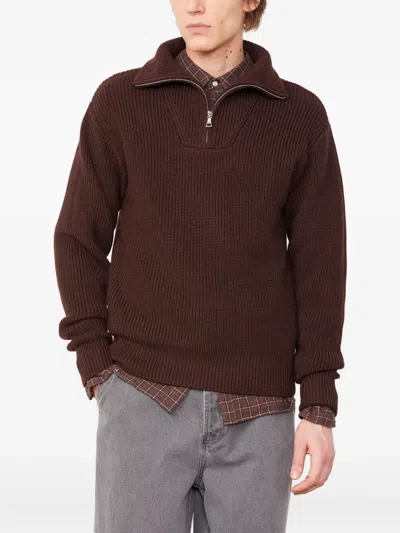 Officine Generale Tarek Ribbed Merino Wool Half-zip Sweater In Brown