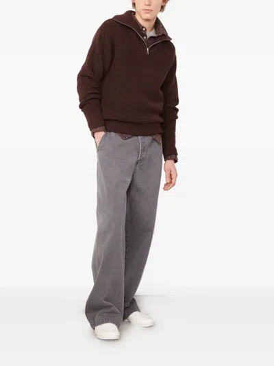 Officine Generale Tarek Ribbed Merino Wool Half-zip Sweater In Brown