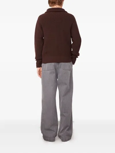 Officine Generale Tarek Ribbed Merino Wool Half-zip Sweater In Brown