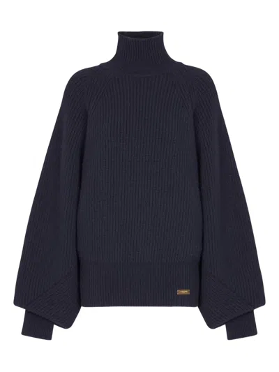 Balmain Oversized High Neck Wool Top In Blue