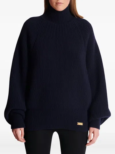 Balmain Oversized High Neck Wool Top In Blue