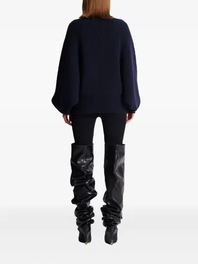 Balmain Oversized High Neck Wool Top In Blue