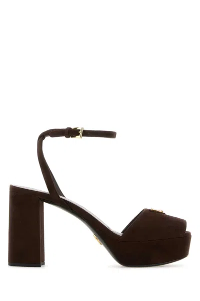 Prada Block Heel Open Toe Sandals With Suede Finish In Brown