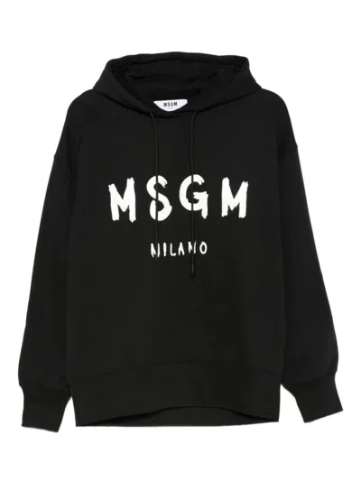Msgm Black Cotton Crewneck Sweatshirt With Logo In Black