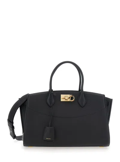 Ferragamo Black Handbag With Adjustable And Removable Shoulder Strap And Gancini Turn-lock Closure In Grained  In Black