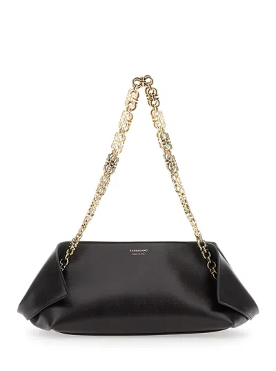 Ferragamo Brown Shoulder Bag With Logo Strap And Logo Lettering On The Front In Leather Woman In Black