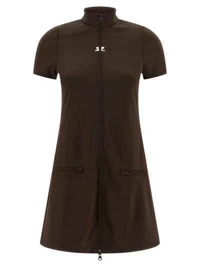 Courrèges Mini Dress With High Collar And Pockets In Brown