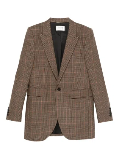 Saint Laurent Plaid Single-breasted Blazer In Brown
