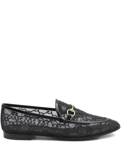 Gucci Almond Toe Mesh Loafers Embellished With Crystals In Black