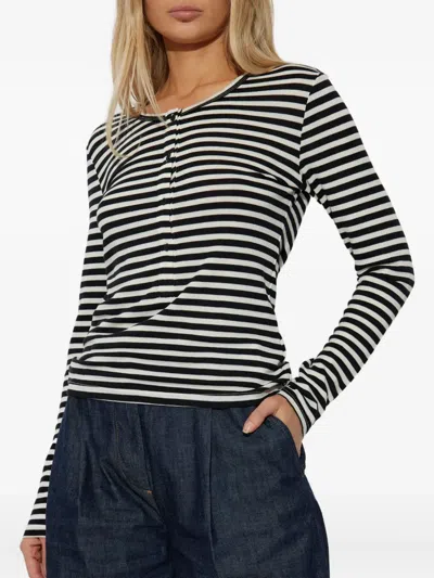Munthe Striped Knit Top With Half-button Placket And Fitted Silhouette In Black