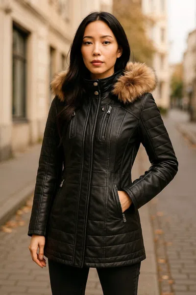 Infinity Leather Womens Brown Womens Brown Quilted Leather Parka Jacket-bowen In Black