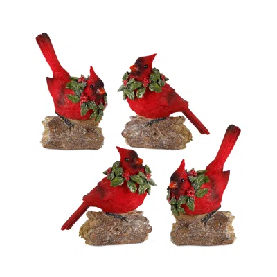 Melrose International Perched Cardinal Bird On Log With Holly Wreath Accent (set Of 4) - Red, Green, Brown