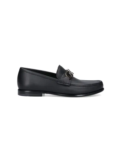 Ferragamo Alain Black Loafers With Almond Toe And Gancini On The Front In Leather Man In Black