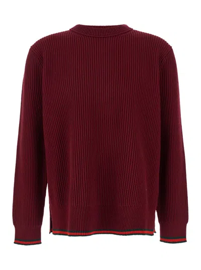 Gucci Red Crewneck Sweater With Web Detail In Ribbed Wool Blend Man In Burgundy