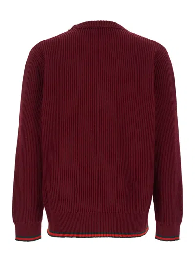 Gucci Red Crewneck Sweater With Web Detail In Ribbed Wool Blend Man In Burgundy