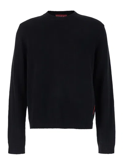 Gucci Black Crewneck Sweater With Web Detail In Ribbed Wool Blend Man In Black