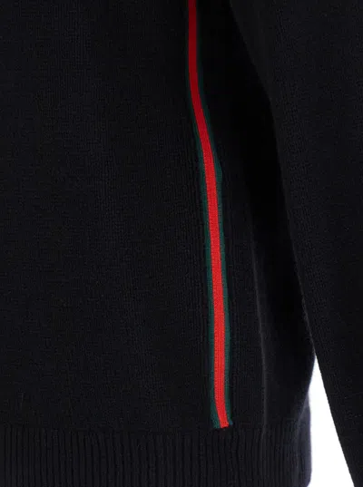 Gucci Black Crewneck Sweater With Web Detail In Ribbed Wool Blend Man In Black