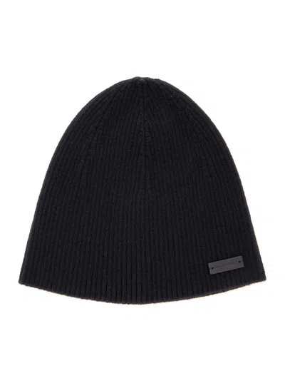 Saint Laurent Black Beanie With Logo Patch In Cashmere Man In Black