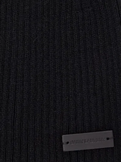 Saint Laurent Black Beanie With Logo Patch In Cashmere Man In Black