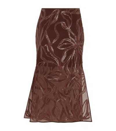 Brunello Cucinelli Floral Midi Skirt Sheer Overlay In Brown