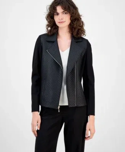 Anne Klein Women's Asymmetrical Mixed-media Moto Jacket In Black