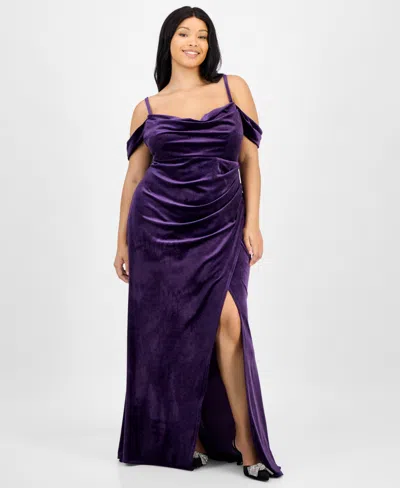 B Darlin Trendy Plus Size Off The Shoulder Velvet Gown In Purple