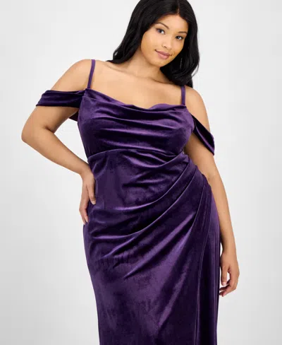 B Darlin Trendy Plus Size Off The Shoulder Velvet Gown In Purple
