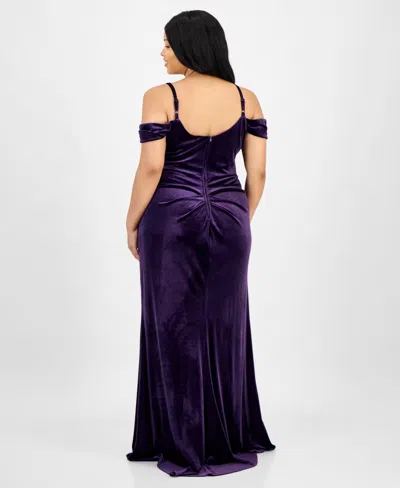 B Darlin Trendy Plus Size Off The Shoulder Velvet Gown In Purple