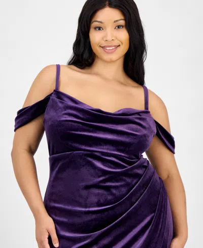 B Darlin Trendy Plus Size Off The Shoulder Velvet Gown In Purple