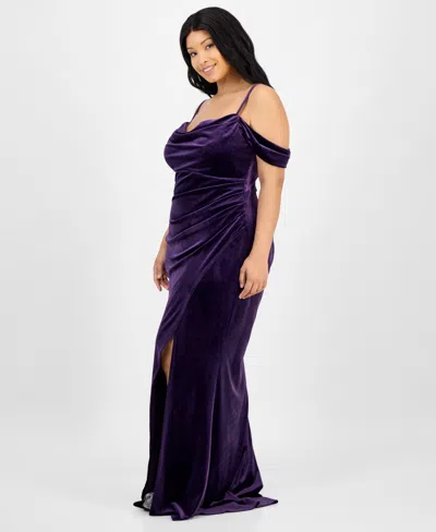 B Darlin Trendy Plus Size Off The Shoulder Velvet Gown In Purple