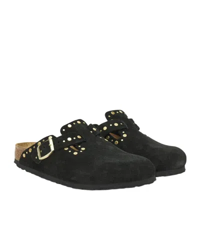Birkenstock Boston Rivet Border Black Suede Leather Clogs In Black