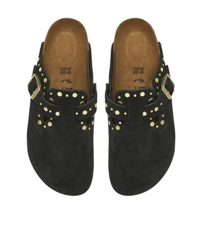 Birkenstock Boston Rivet Border Black Suede Leather Clogs In Black