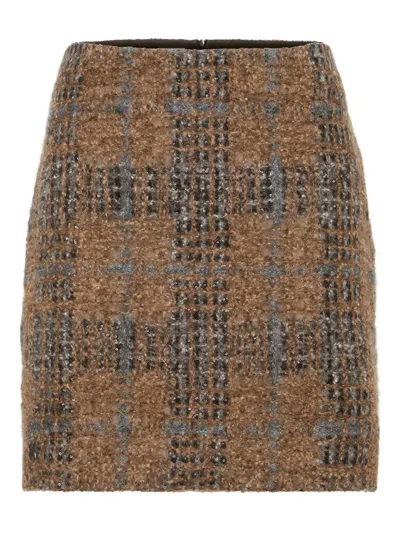 Brunello Cucinelli Mini Skirt With Prince Of Wales Embroidery In Brown