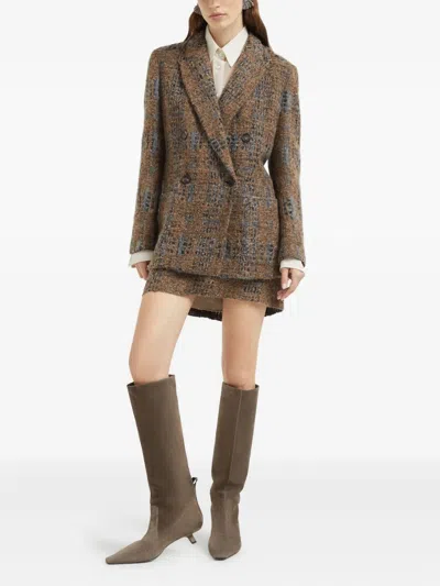 Brunello Cucinelli Mini Skirt With Prince Of Wales Embroidery In Brown