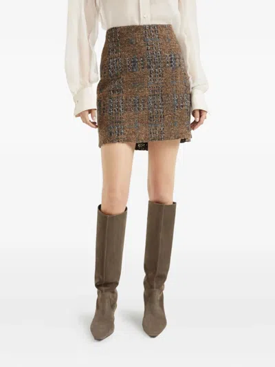 Brunello Cucinelli Mini Skirt With Prince Of Wales Embroidery In Brown