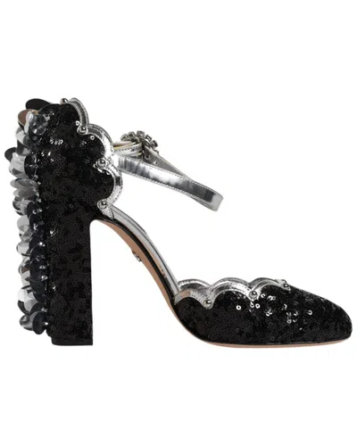 Dolce & Gabbana Black Sequined Ankle Strap Sandals Shoes In Black