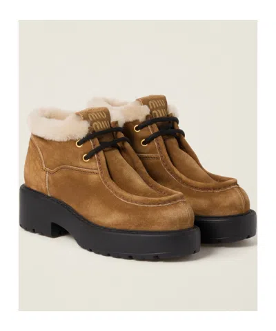 Miu Miu Lace-up Shoes With Chunky Sole And Fur Trim In Brown