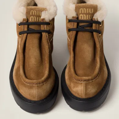 Miu Miu Lace-up Shoes With Chunky Sole And Fur Trim In Brown
