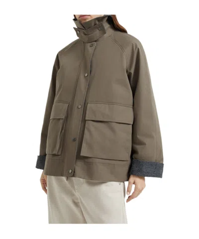 Brunello Cucinelli Grey Jacket With Classic Collar With Snap Buttons In Cotton Blend Woman In Brown