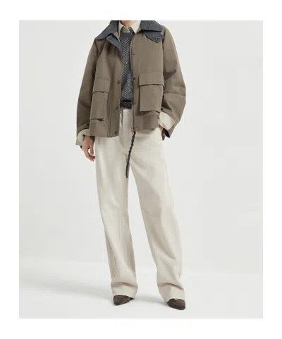 Brunello Cucinelli Grey Jacket With Classic Collar With Snap Buttons In Cotton Blend Woman In Brown