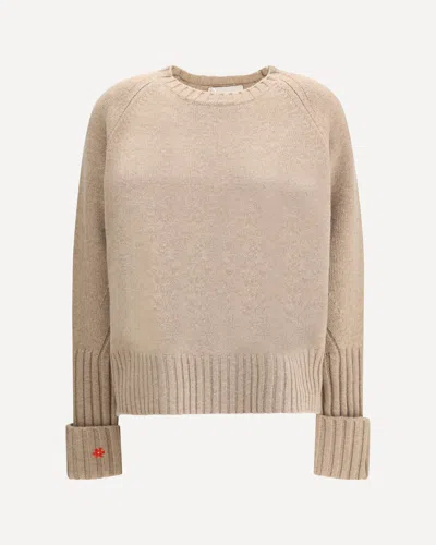 Tory Burch Sweater With A Round Neck In Merino Wool In Neutral